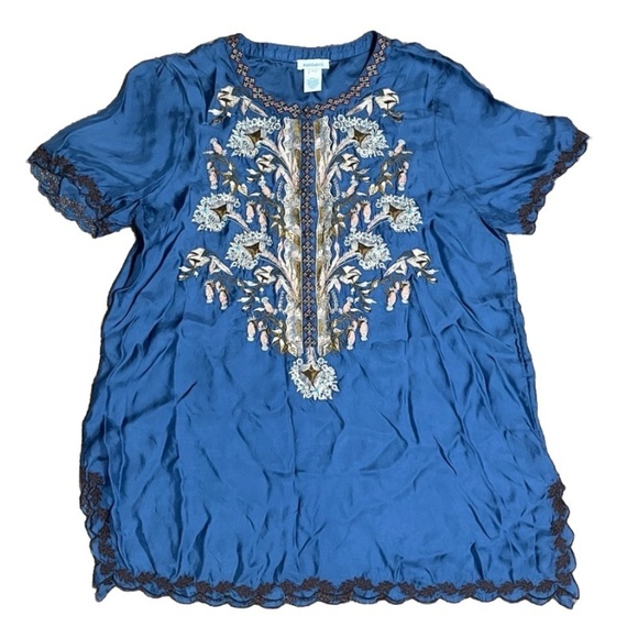 Sundance 100% Cupro Silk Floral Beaded Embroidered Tunic Blouse Blue Large - Picture 1 of 9